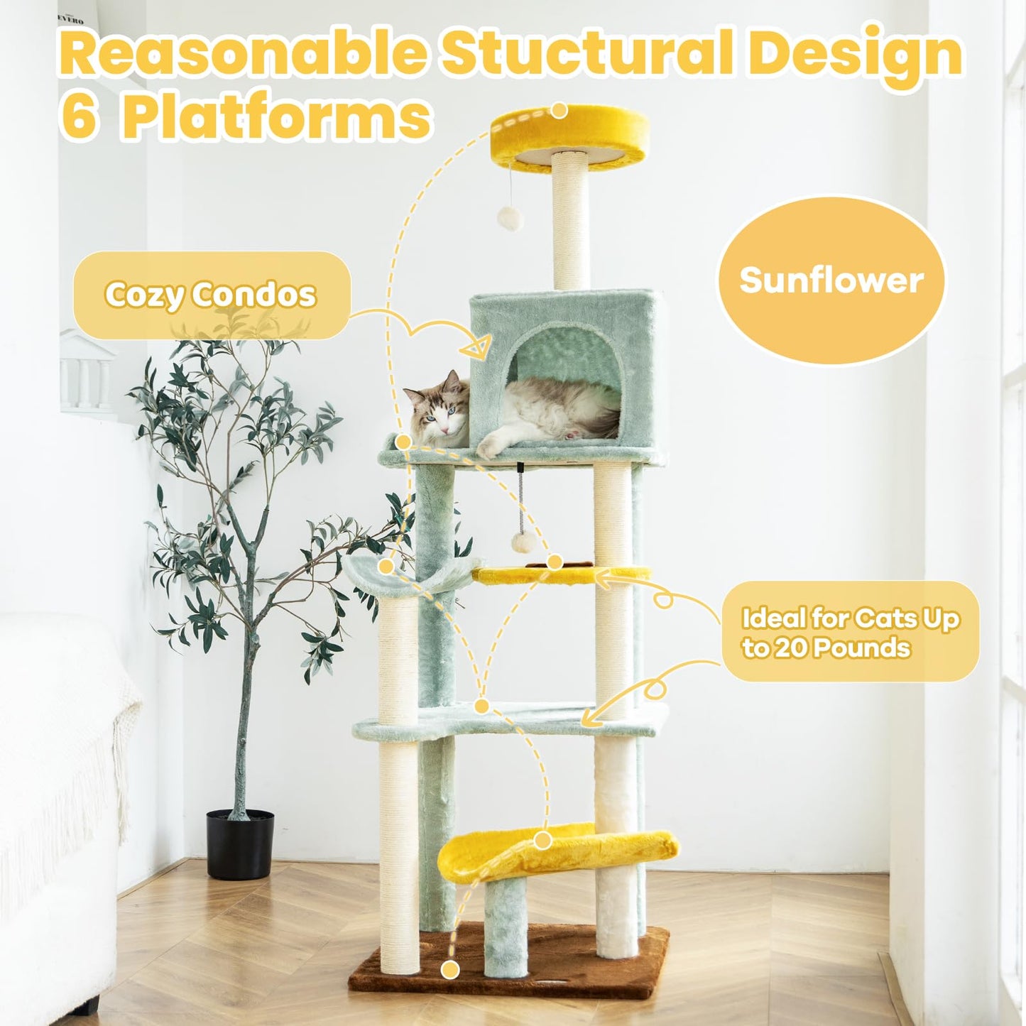 HYABi Sunflower Cat Tree Tower Multi-Level Cat Condo with Plush Balls