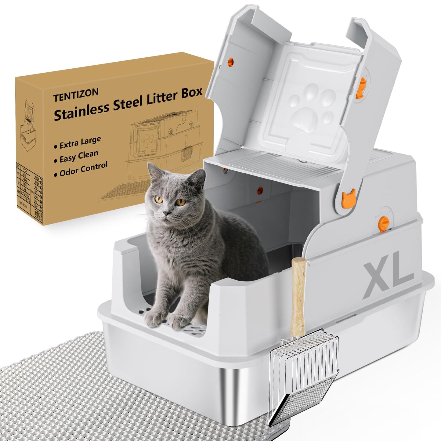 TENTIZON Stainless Steel Cat Litter Box with Lid, Large Covered Mat