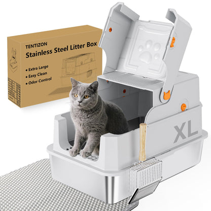 TENTIZON Stainless Steel Cat Litter Box with Lid, Large Covered Mat