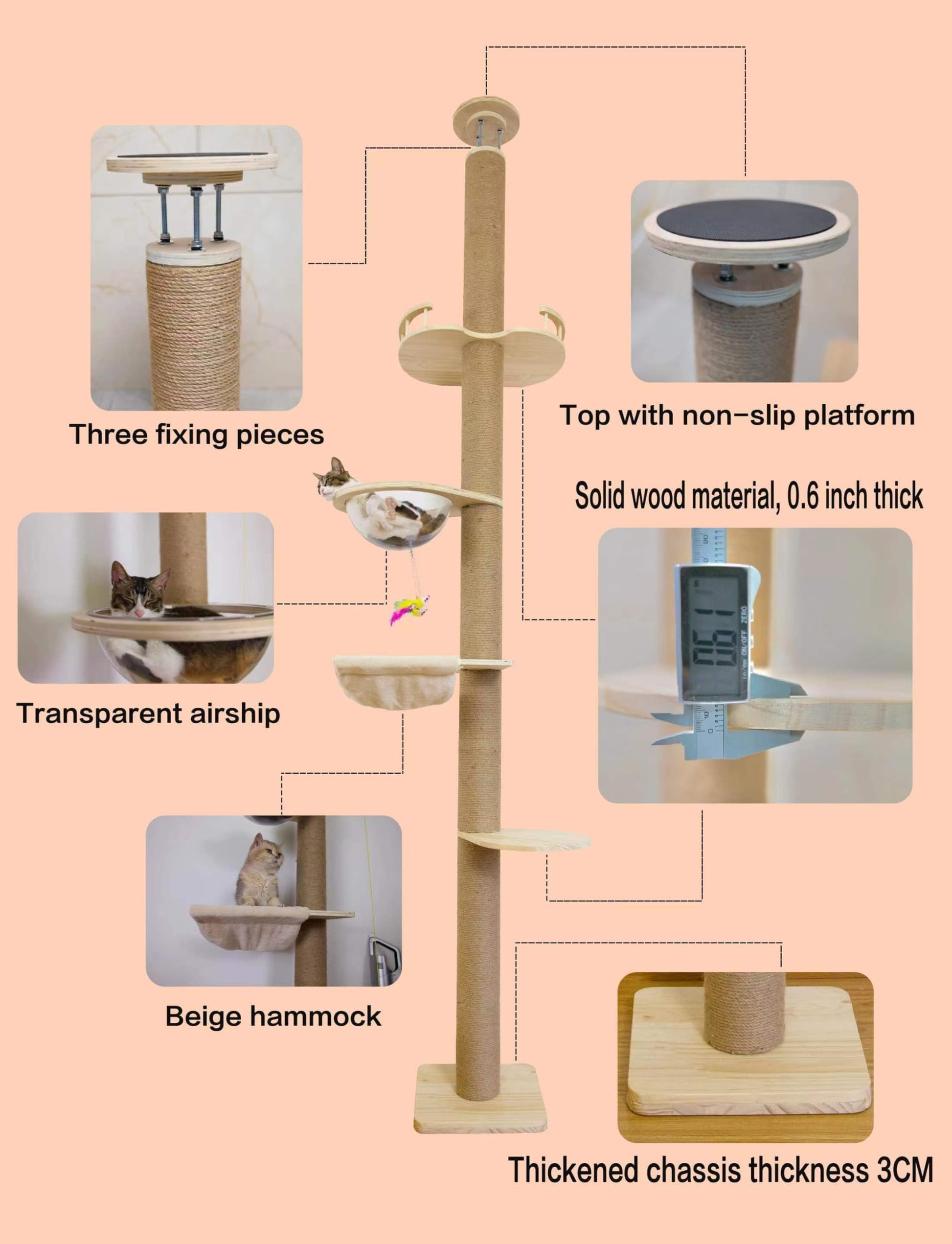 Floor-to-Ceiling Cat Tree with Natural Sisal Rope Scratching Post