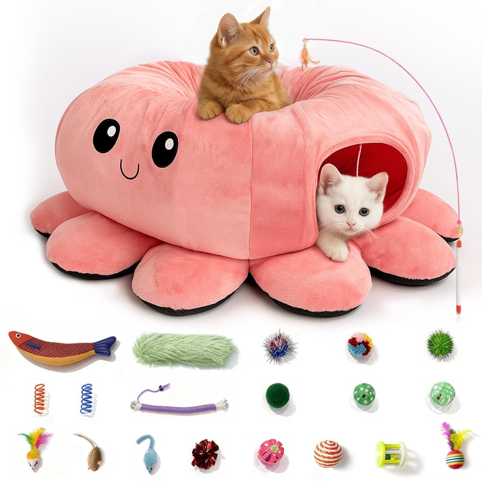 VIEFIN Cat Tunnel Bed with 20 Cat Toys, Collapsible Play Tunnel