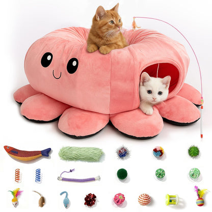 VIEFIN Cat Tunnel Bed with 20 Cat Toys, Collapsible Play Tunnel
