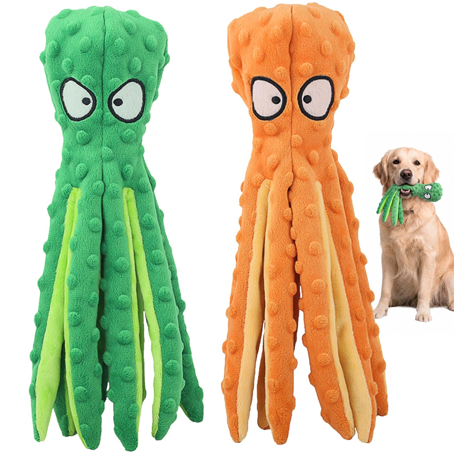 HGB Squeaky Dog Toys Octopus No Stuffing Crinkle Plush Large Dog Toys