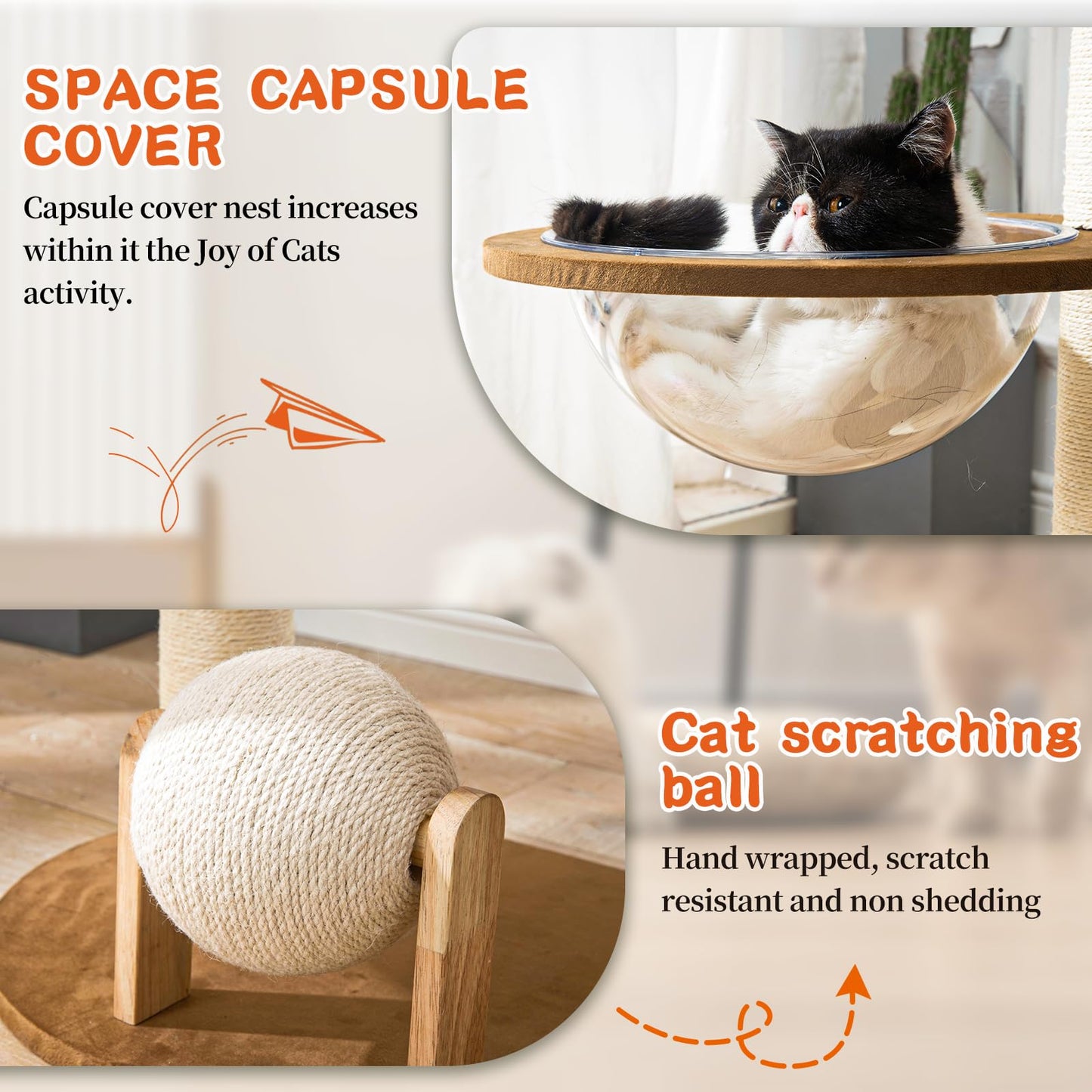 Modern Cat Tree for Indoor Cats, Wood Cat Tree with Natural Ball