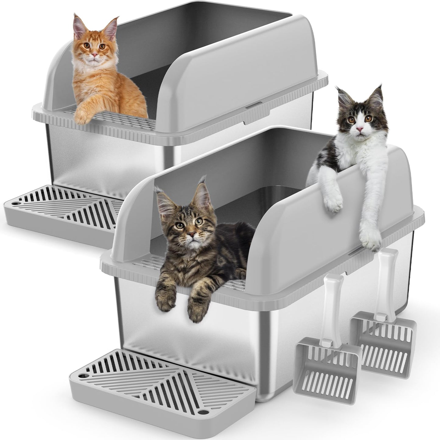 2 Pack 8" Deep Stainless Steel Litter Box with Lid, Extra Large Box