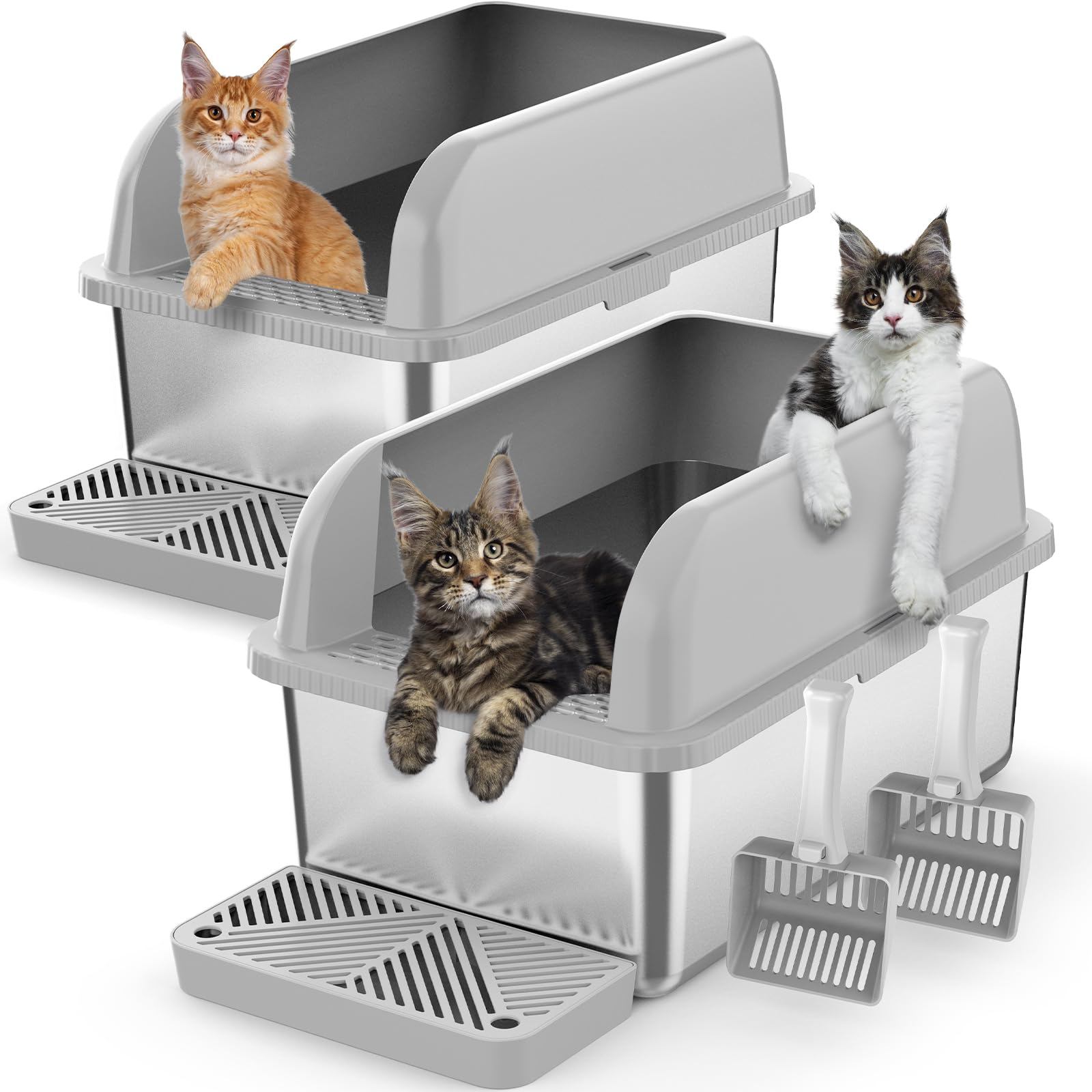 2 Pack 8" Deep Stainless Steel Litter Box with Lid, Extra Large Box