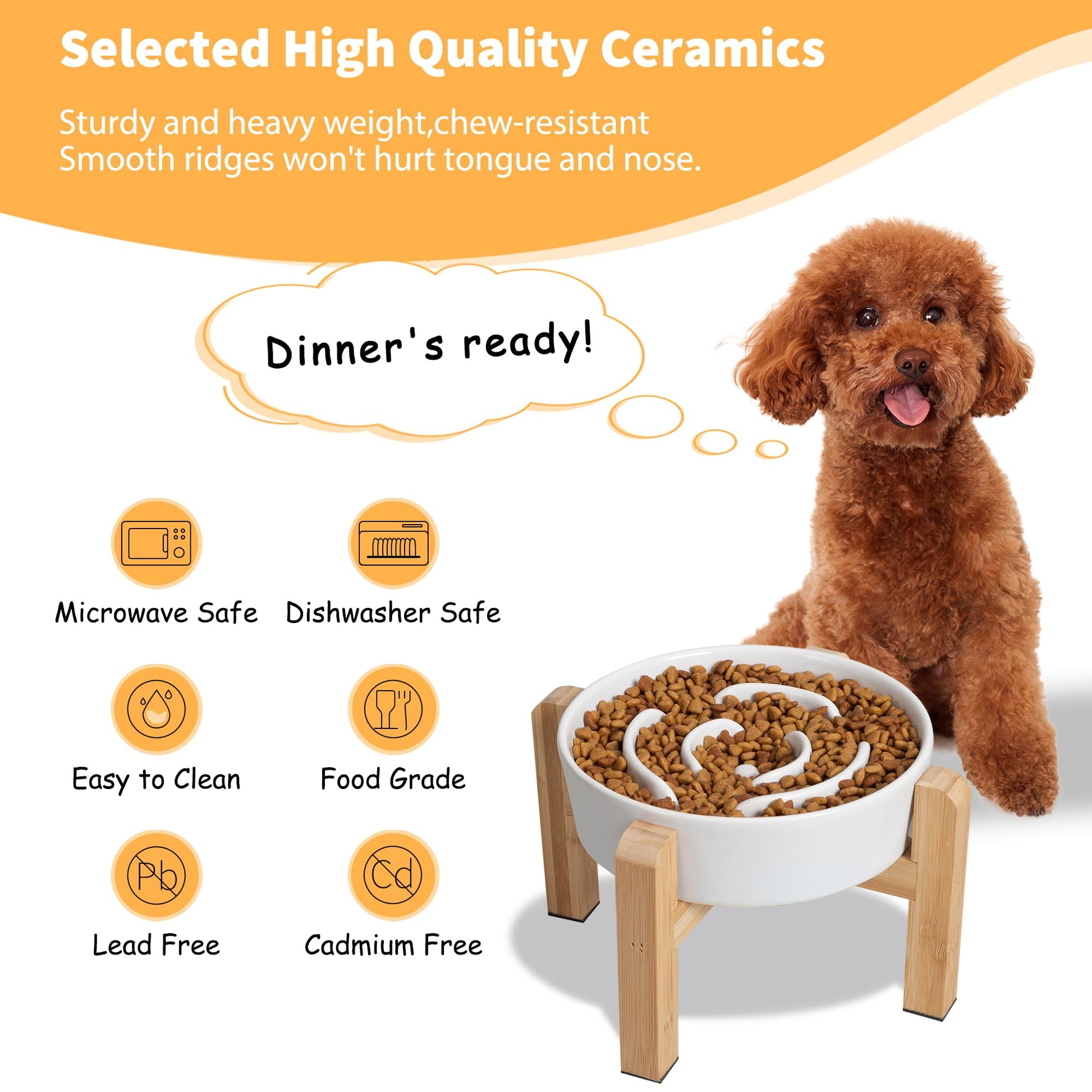 Elevated Slow Feeder Dog Bowl Ceramic Maze Food Dish with Bamboo Bowl