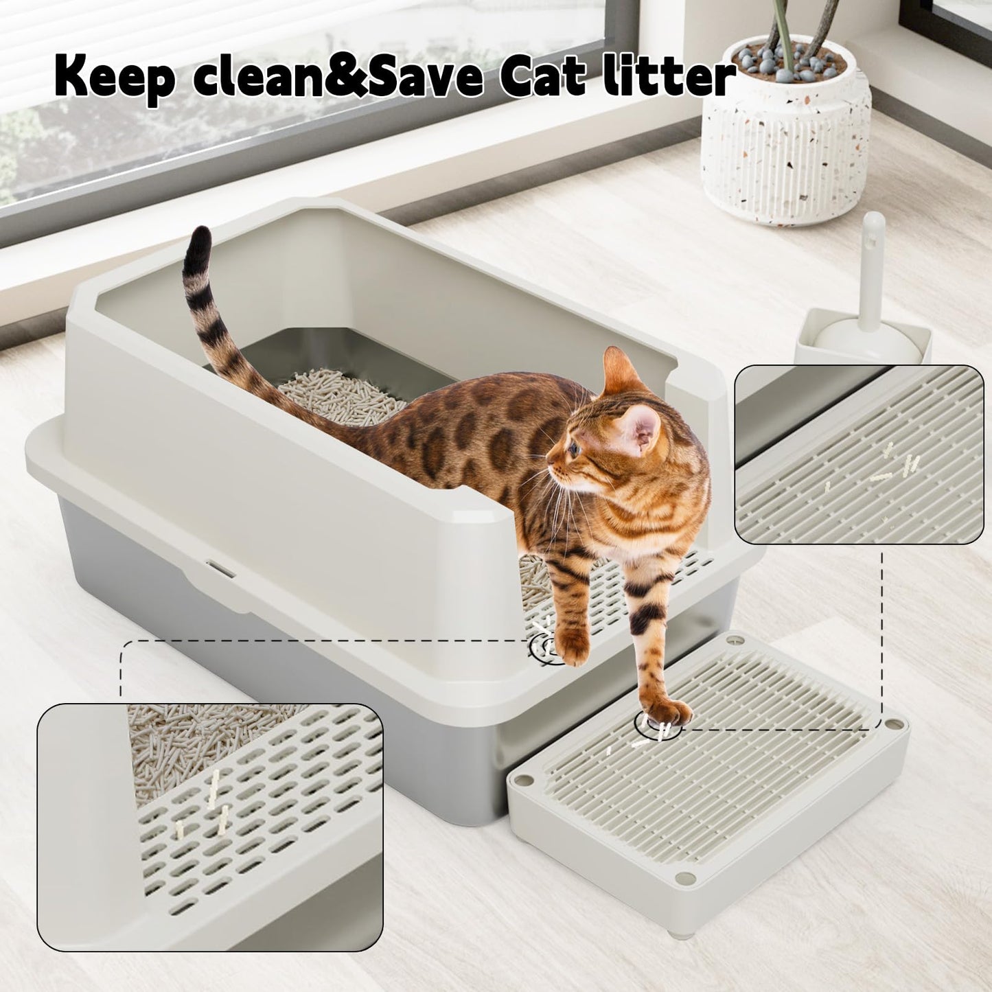 RIZZARI Open Cat Litter Box: Large Stainless Steel Litter Pan Litter
