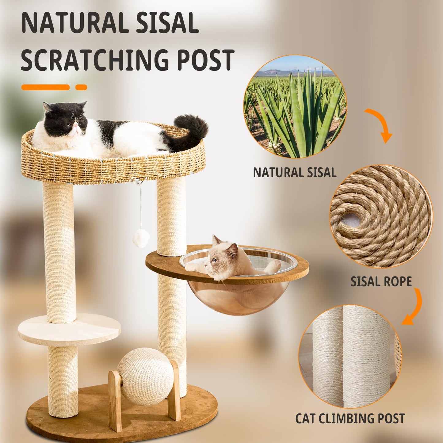 Modern Cat Tree for Indoor Cats, Wood Cat Tree with Natural Ball