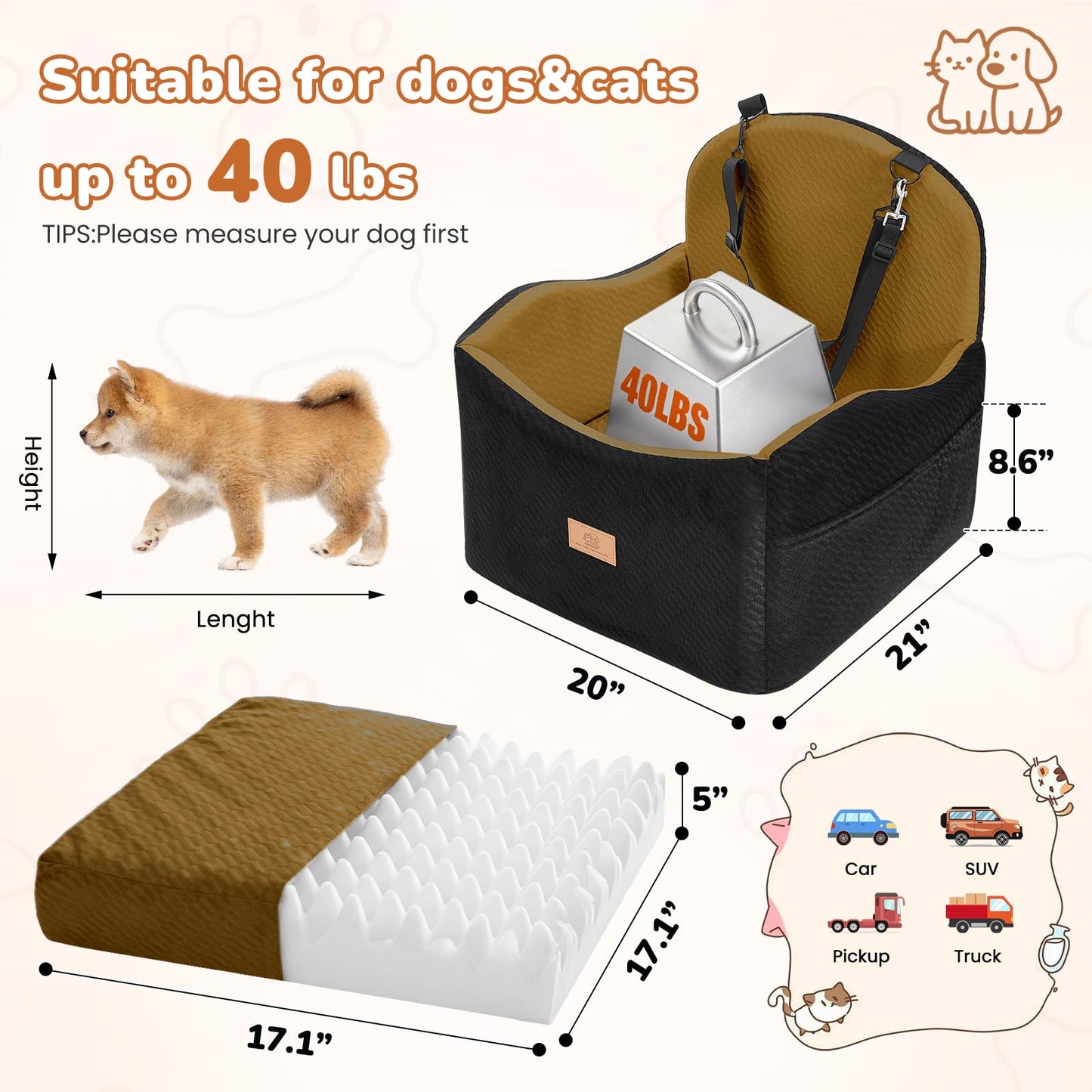 Dog Car Seat for Medium/Small Dogs, Dog Booster Car Seat, Pet Seat