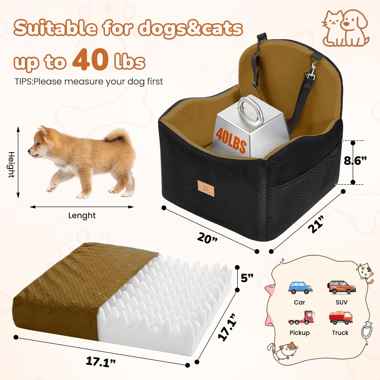 Dog Car Seat for Medium/Small Dogs, Dog Booster Car Seat, Pet Seat