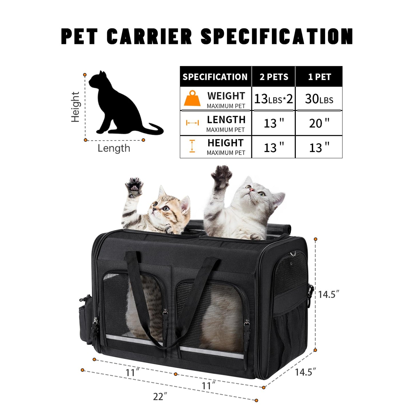 Groxkox Cat Carrier for 2 Cats, Foldable Double Cat and Dog Carrier