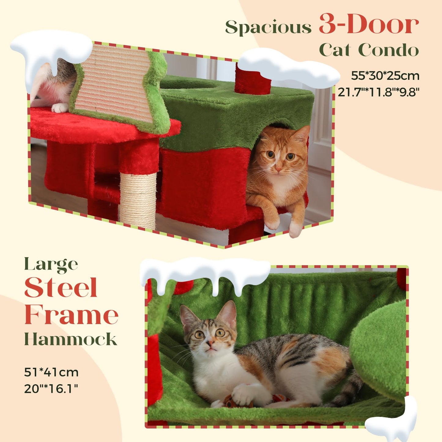 PAWZ Road Christmas Cat Tree, Tall Cat Tower with 2 Perches, 2 House