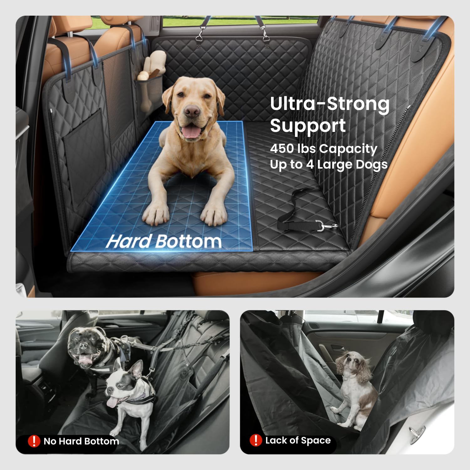 REEVAA Dog Car Seat Cover for Back Seat, Hard Bottom Dog Hammock