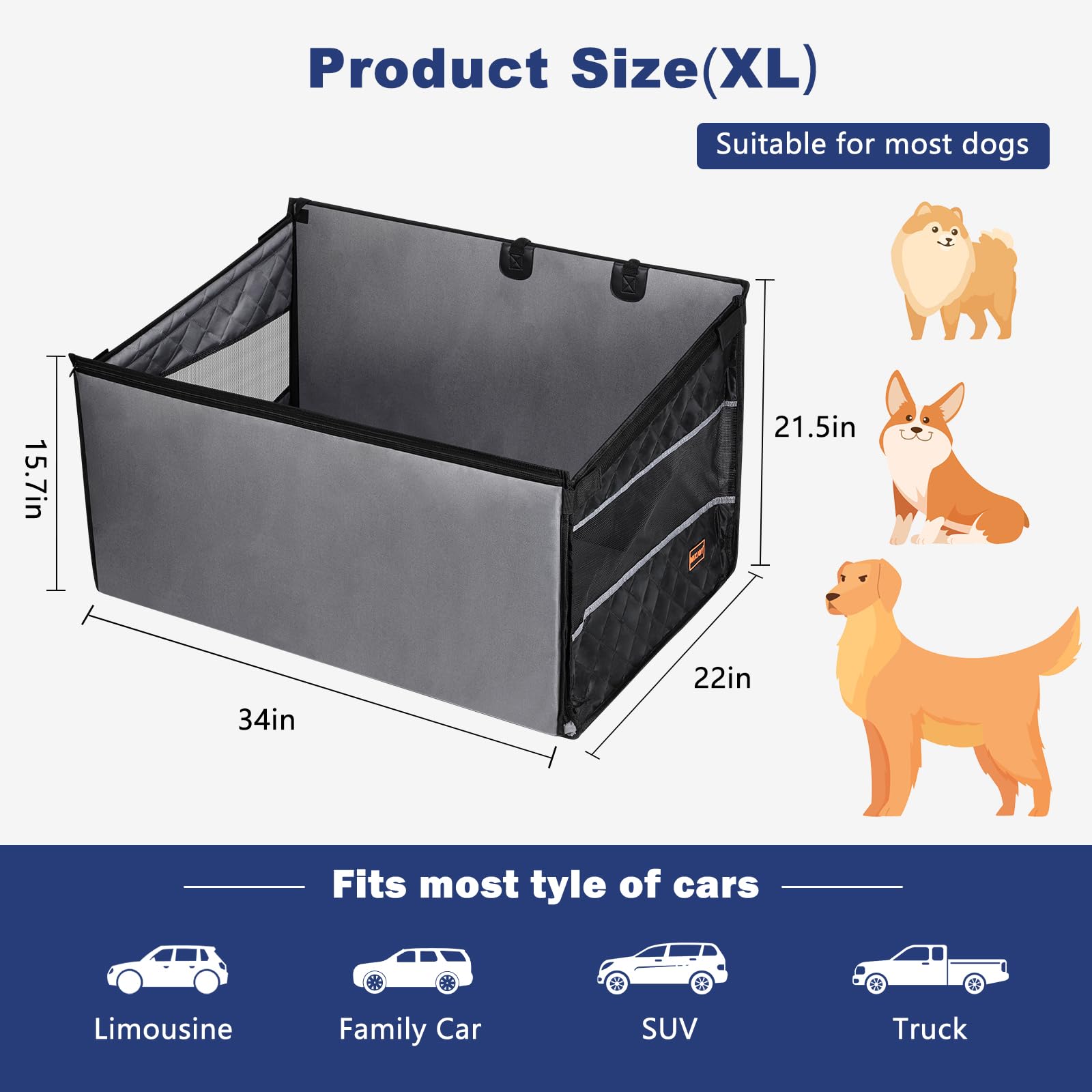 MIXJOY XL Dog Car Seat for Large Medium Dogs, Back Seat Extender Seat