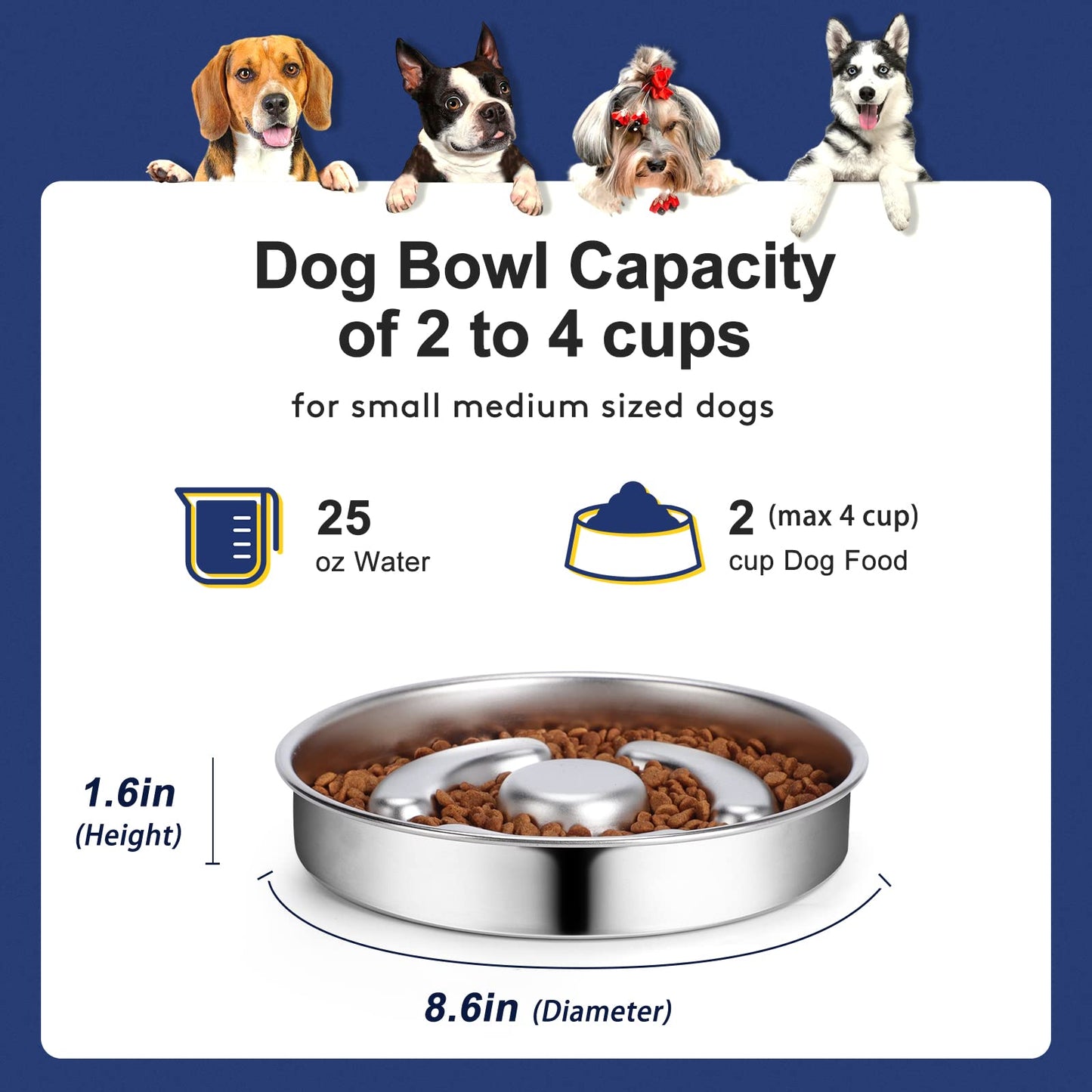AIPERRO Slow Feeder Dog Bowl Stainless Steel, 2 Cups Metal Bowl