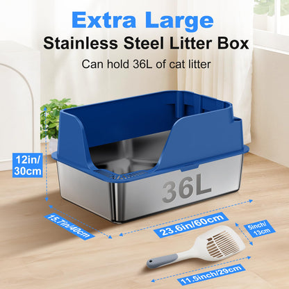 Non-stick Stainless Steel Litter Box, XL Side Opening Splash-Proof Box