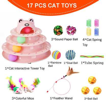 Pawsayes 17 Pack Cat Toys, 4-Level Turntable Ball Track Set