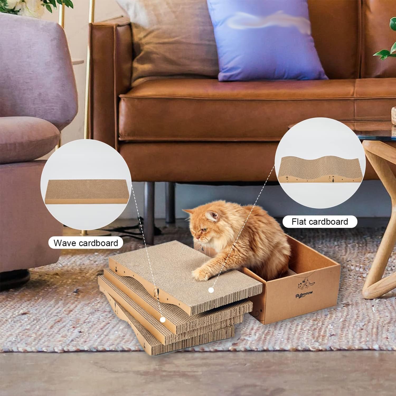 RUBMEOW Cat Scratcher Cardboard Scratch Pad Box for Indoor Pad