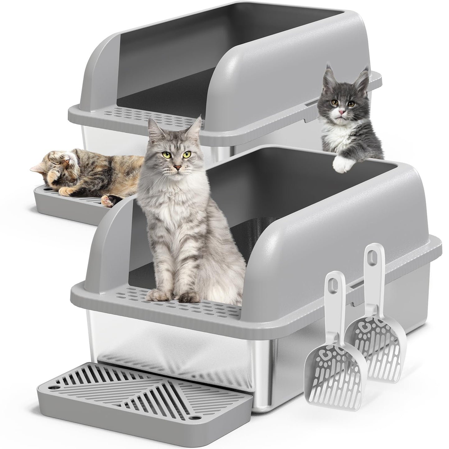 2 Pack XL Stainless Steel Litter Box Enclosure with Lid, Tray