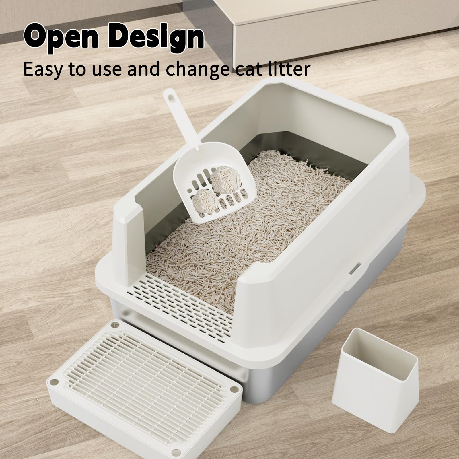 RIZZARI Open Cat Litter Box: Large Stainless Steel Litter Pan Litter