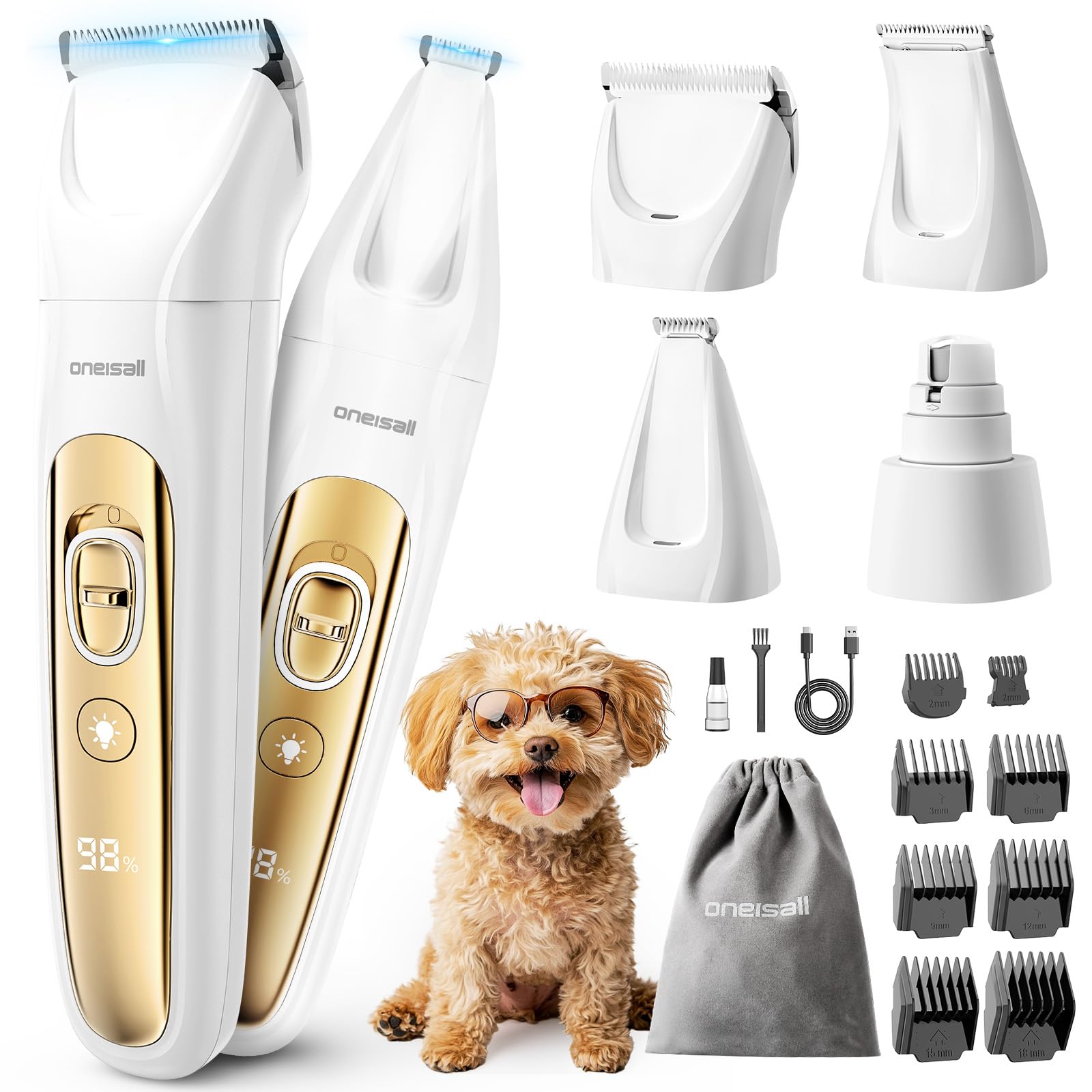 oneisall Quiet Dog Grooming Kit 1, LED Dog Nail Grinder, Trimmer