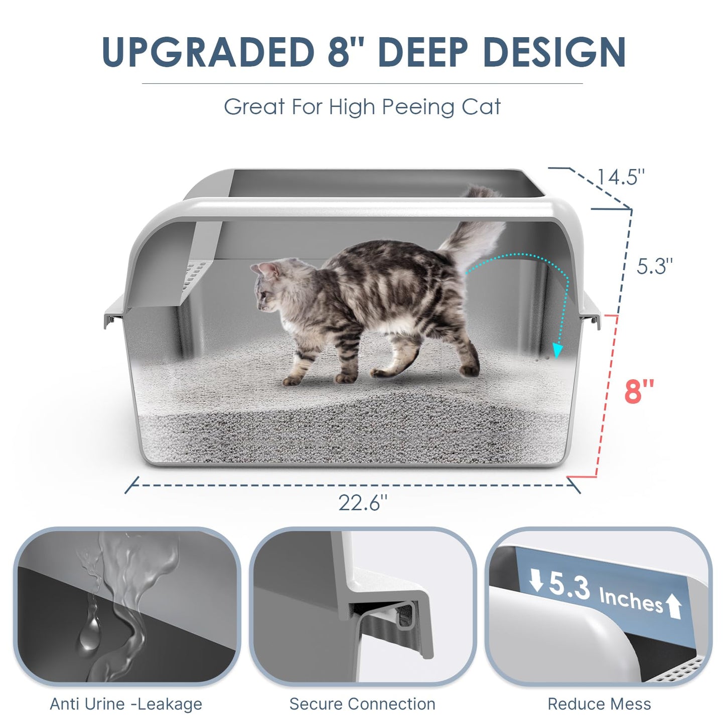 2 Pack 8" Deep Stainless Steel Litter Box with Lid, Extra Large Box