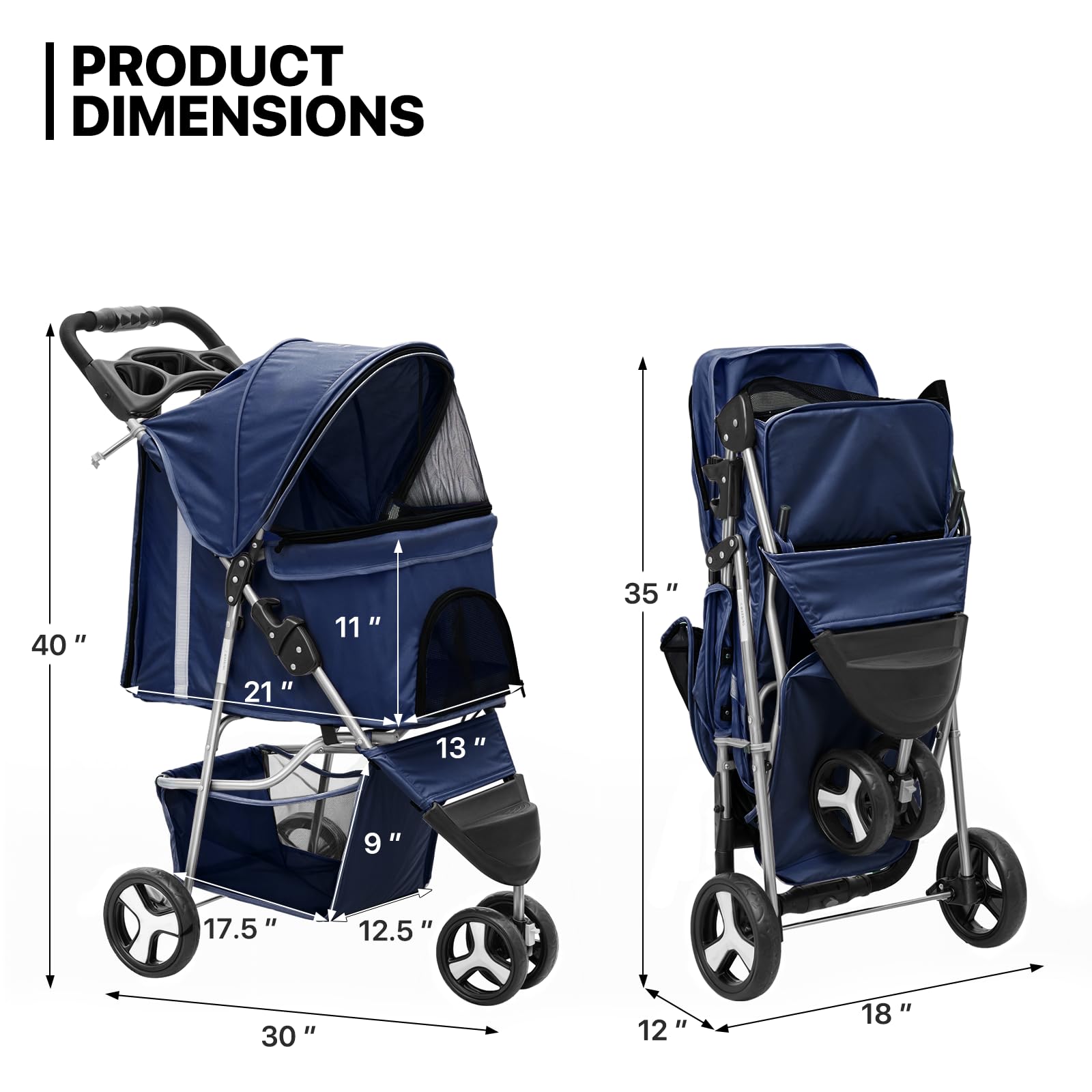 MoNiBloom 3 Wheels Pet Stroller, Foldable Dog Cat Cage Jogger Stroller