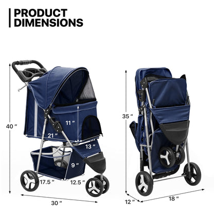 MoNiBloom 3 Wheels Pet Stroller, Foldable Dog Cat Cage Jogger Stroller