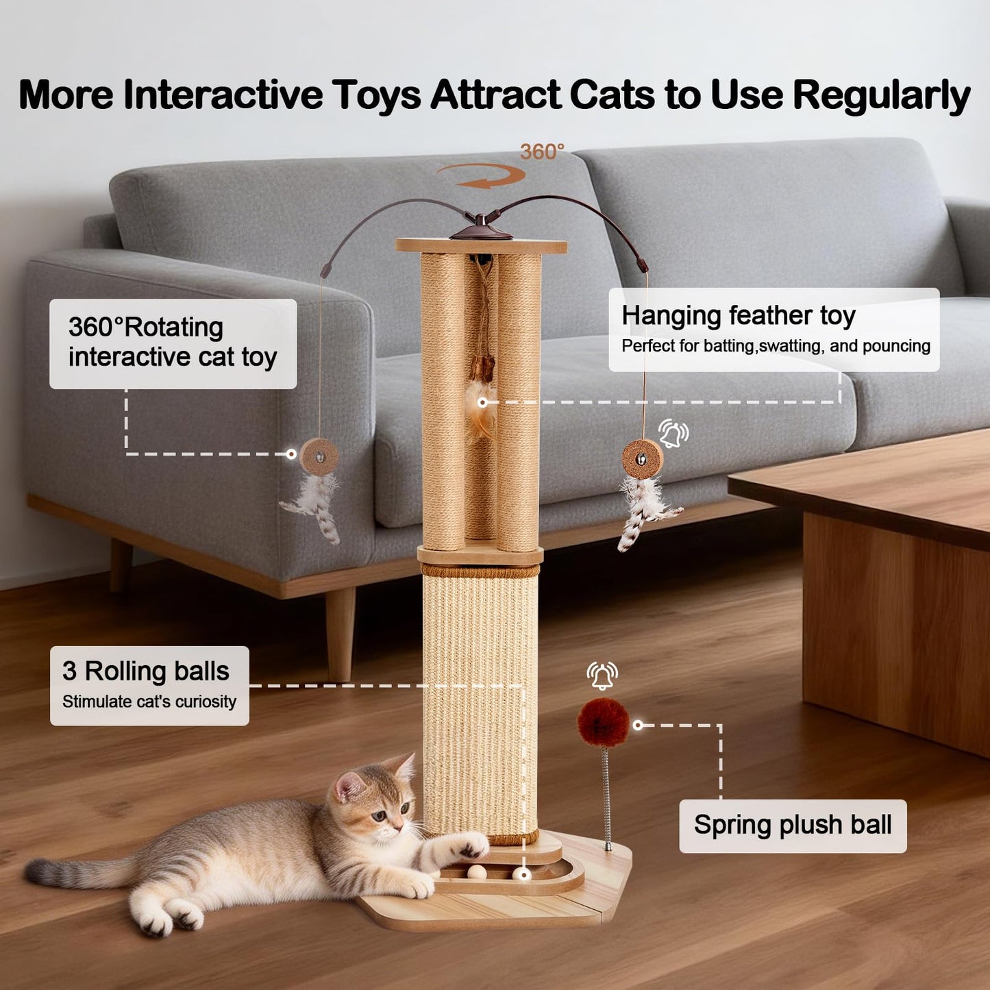 Tall Cat Scratching Post for Large Cats, Heavy Duty Natural Sisal Ball