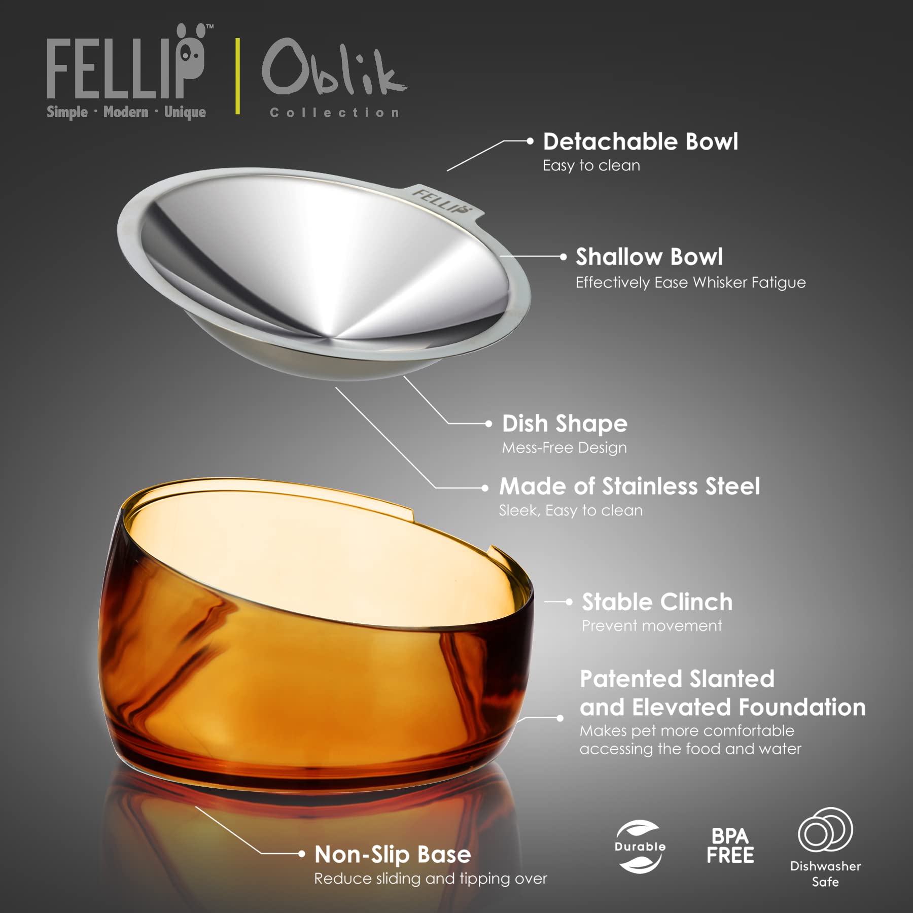 Felli Pet Oblik Whisker Fatigue Cat Food Bowl Raised Stainless Bowl