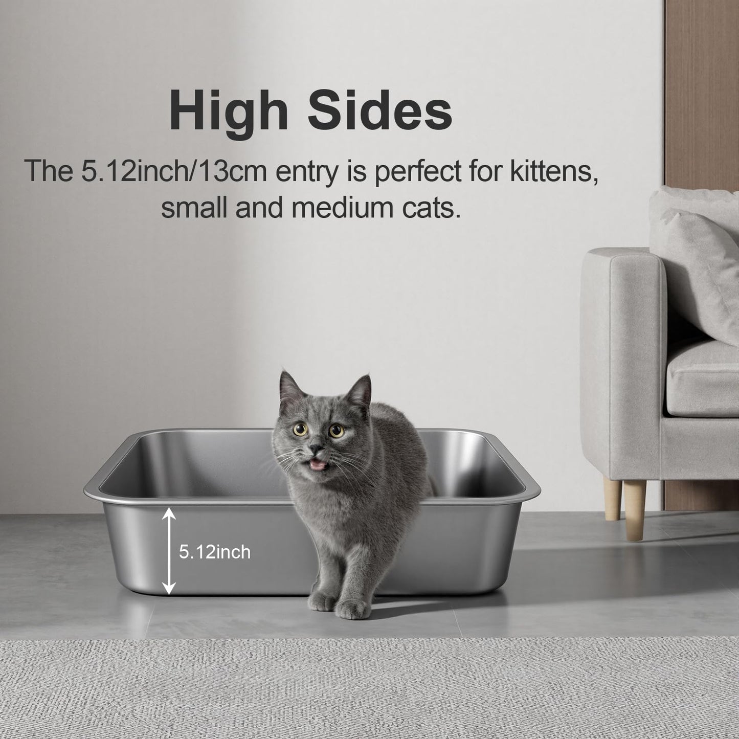 Idymere Stainless Steel Litter Box with High Sided, Metal Cat Litter