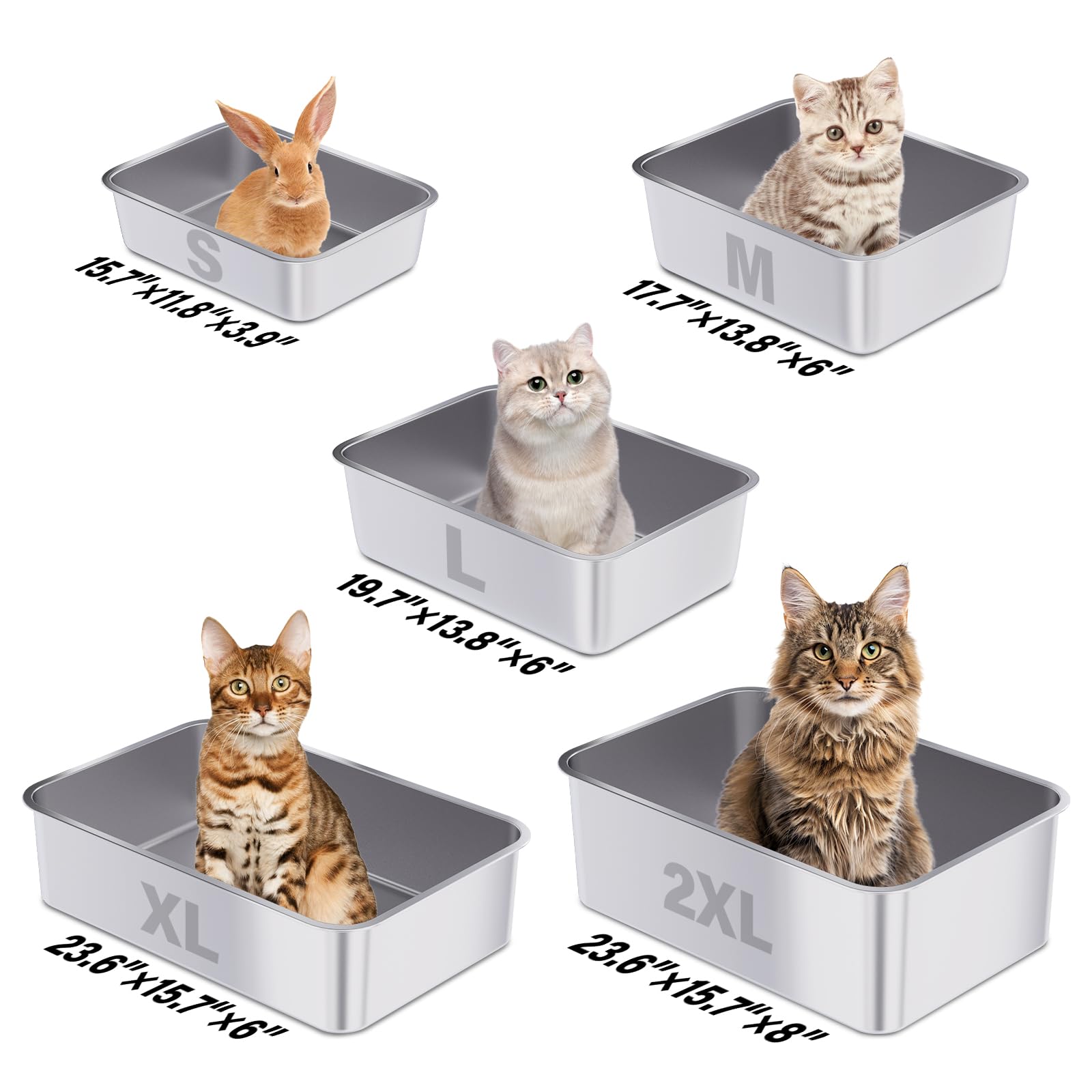Stainless Steel Litter Box, x13. x6" Medium to Large Metal Litter Box