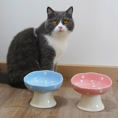 TRUNDISAN Ceramic Raised Cat Bowl, Mushroom Shaped Tilted Feeding Bowl
