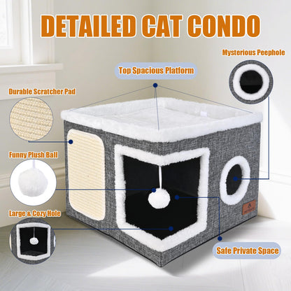 Cat Beds for Indoor Cats Foldable Cat Hideaway with Hanging Fluffy Bed