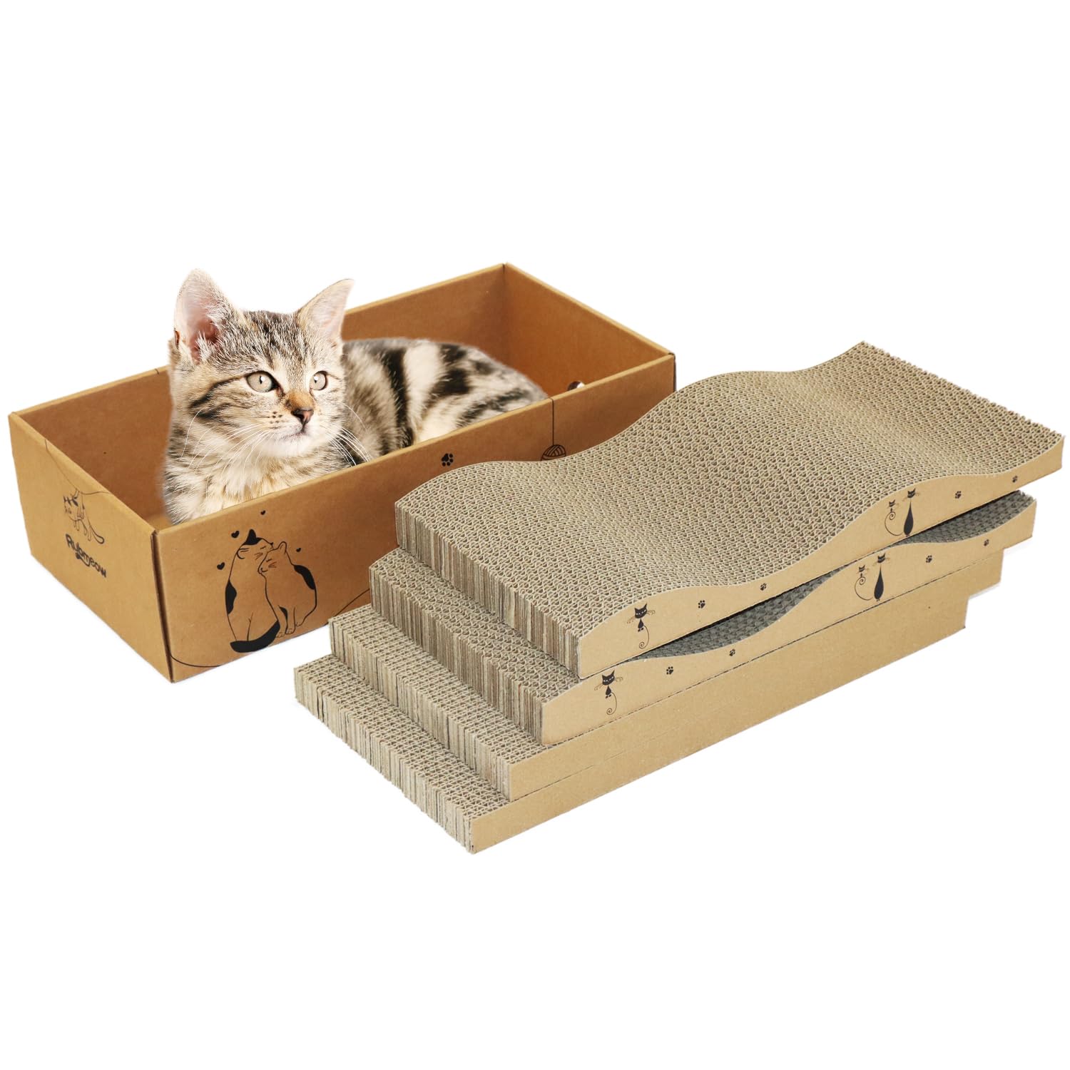 RUBMEOW Cat Scratcher Cardboard Pad Scratch Box,4pcs Scratching Board