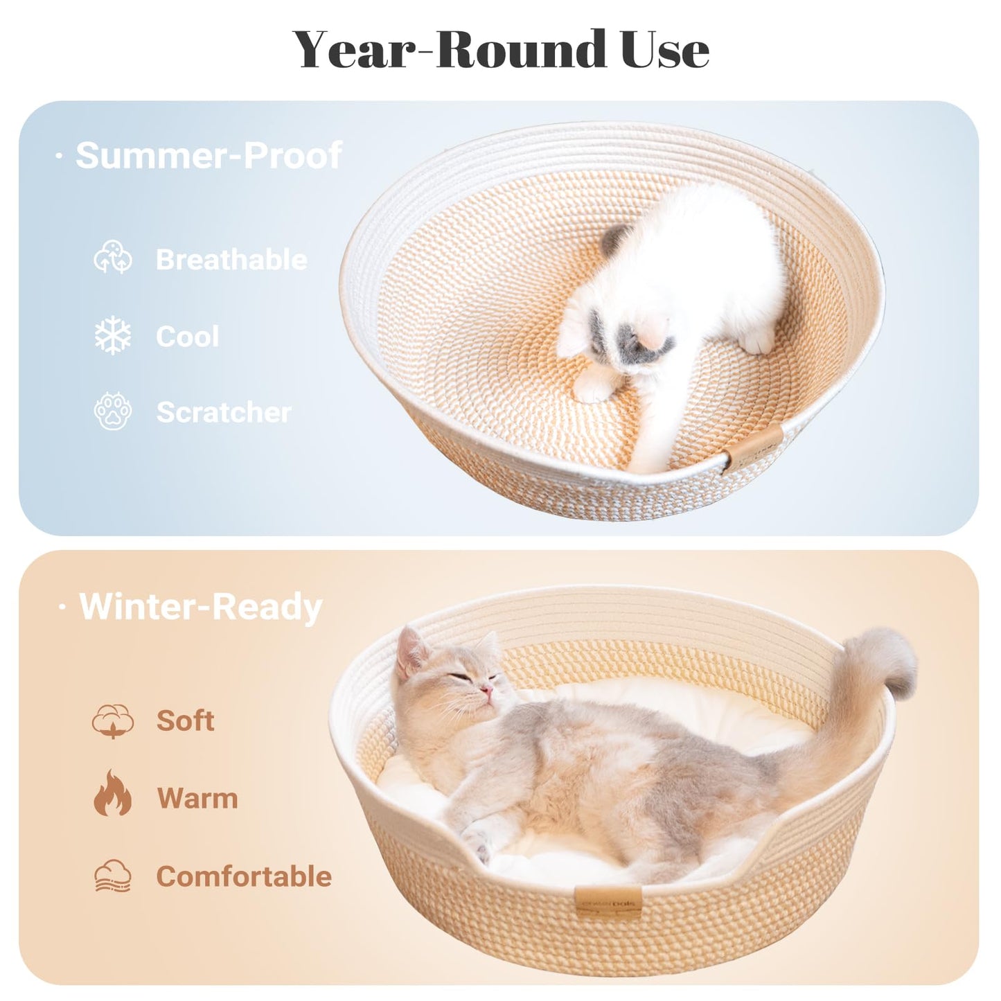 CHEERHOME PETS Cat Bed Basket with Cushion, Cotton Rope Woven Pet Bed