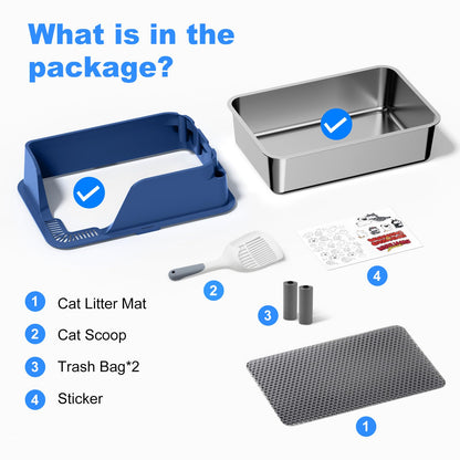 Non-stick Stainless Steel Litter Box, XL Side Opening Splash-Proof Box