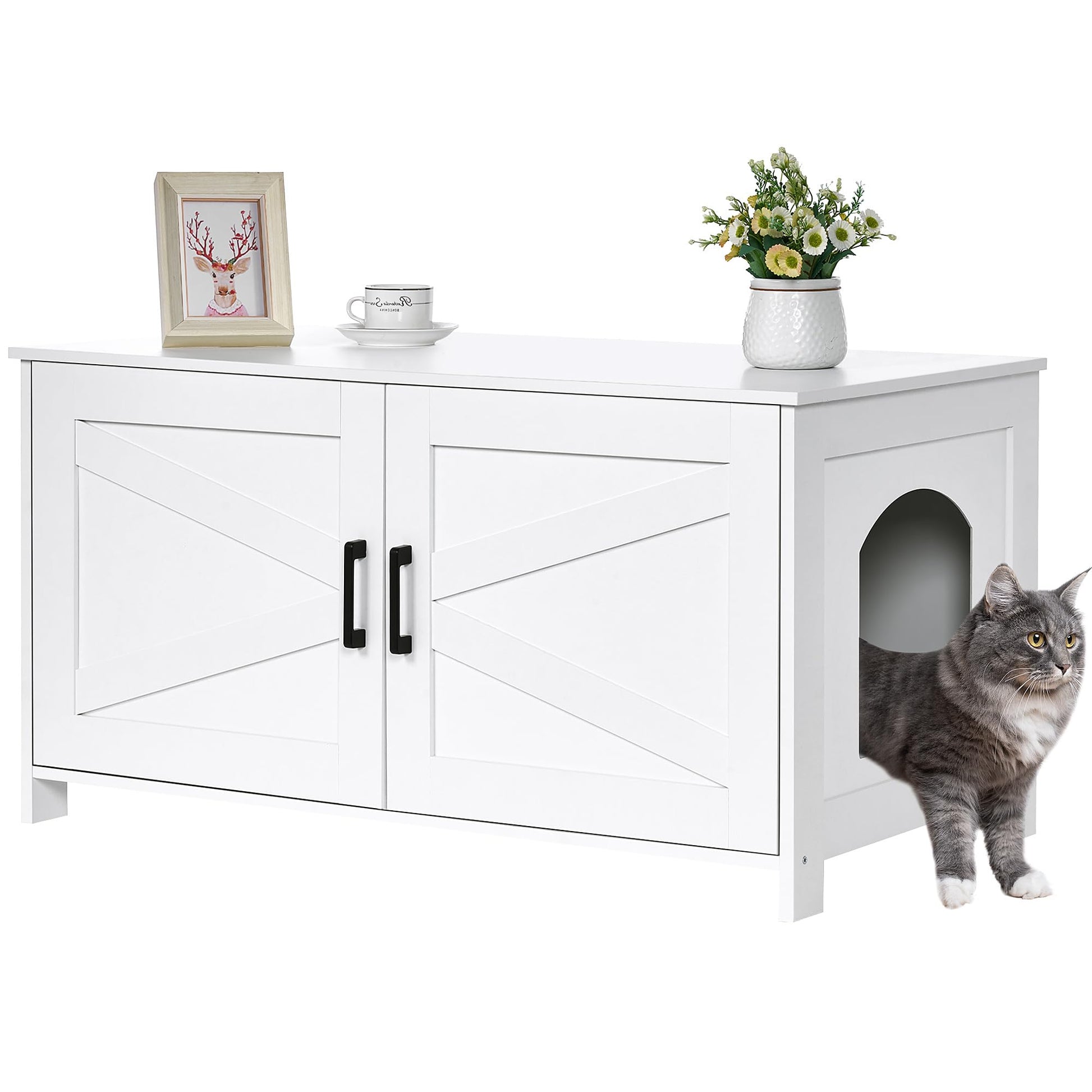 Homhedy 39.4" L Cat Litter Box Enclosure, Pet House with Barn Door Box