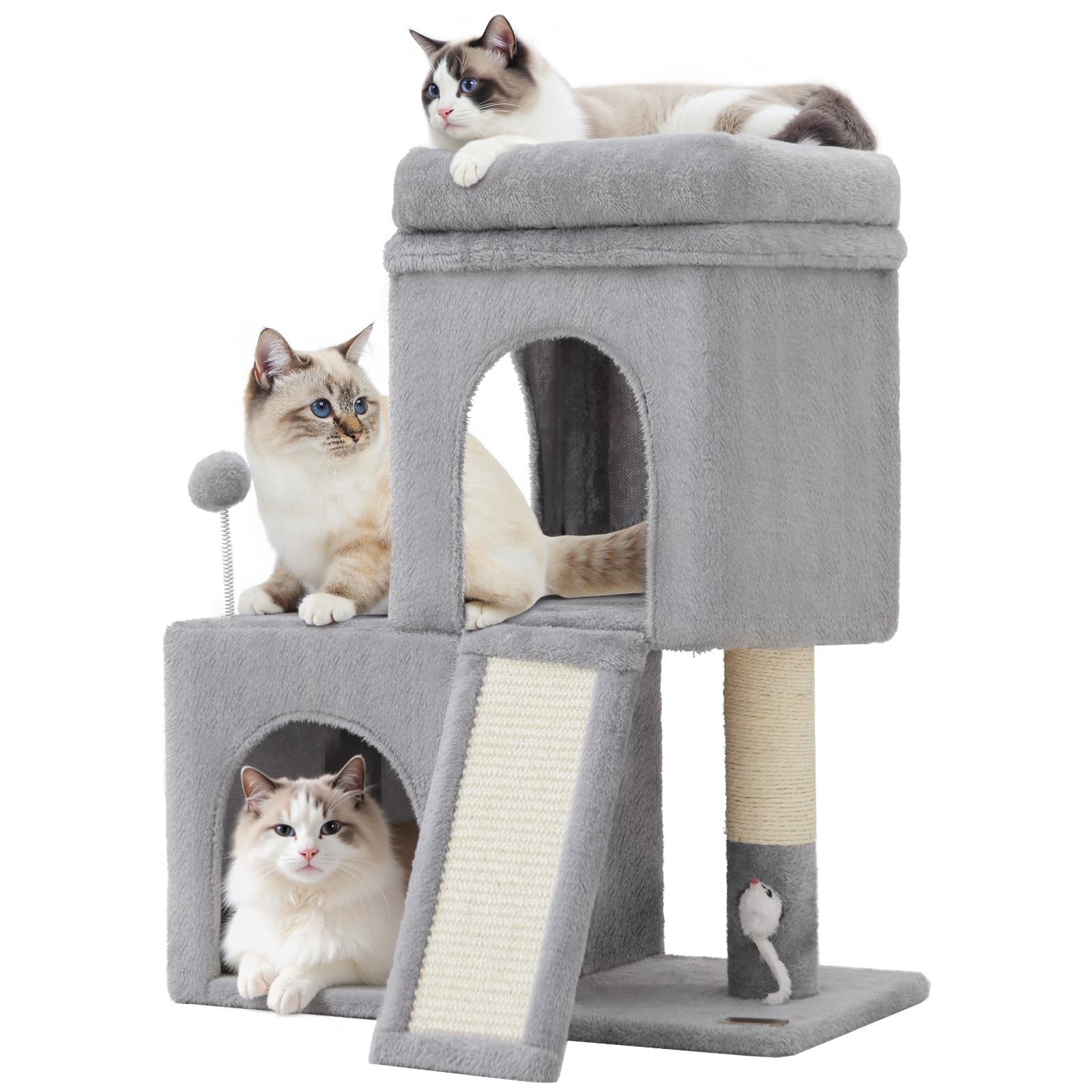 Woochpet Tall Cat Tree with 2 Cat Condo and Mouse Toy Cozy Mouse