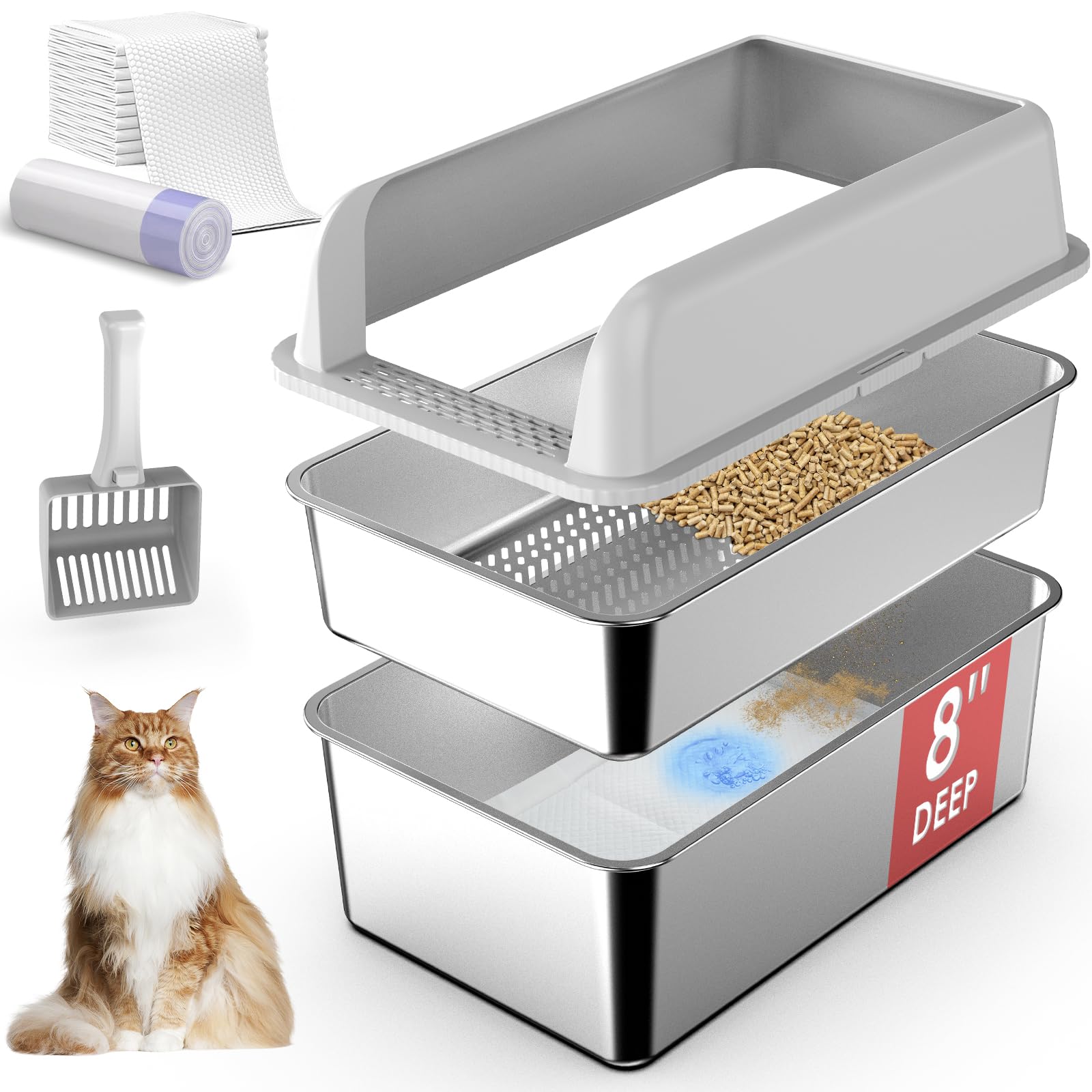 8" Deep Stainless Steel Sifting Litter Box for Pine Pellets, Box