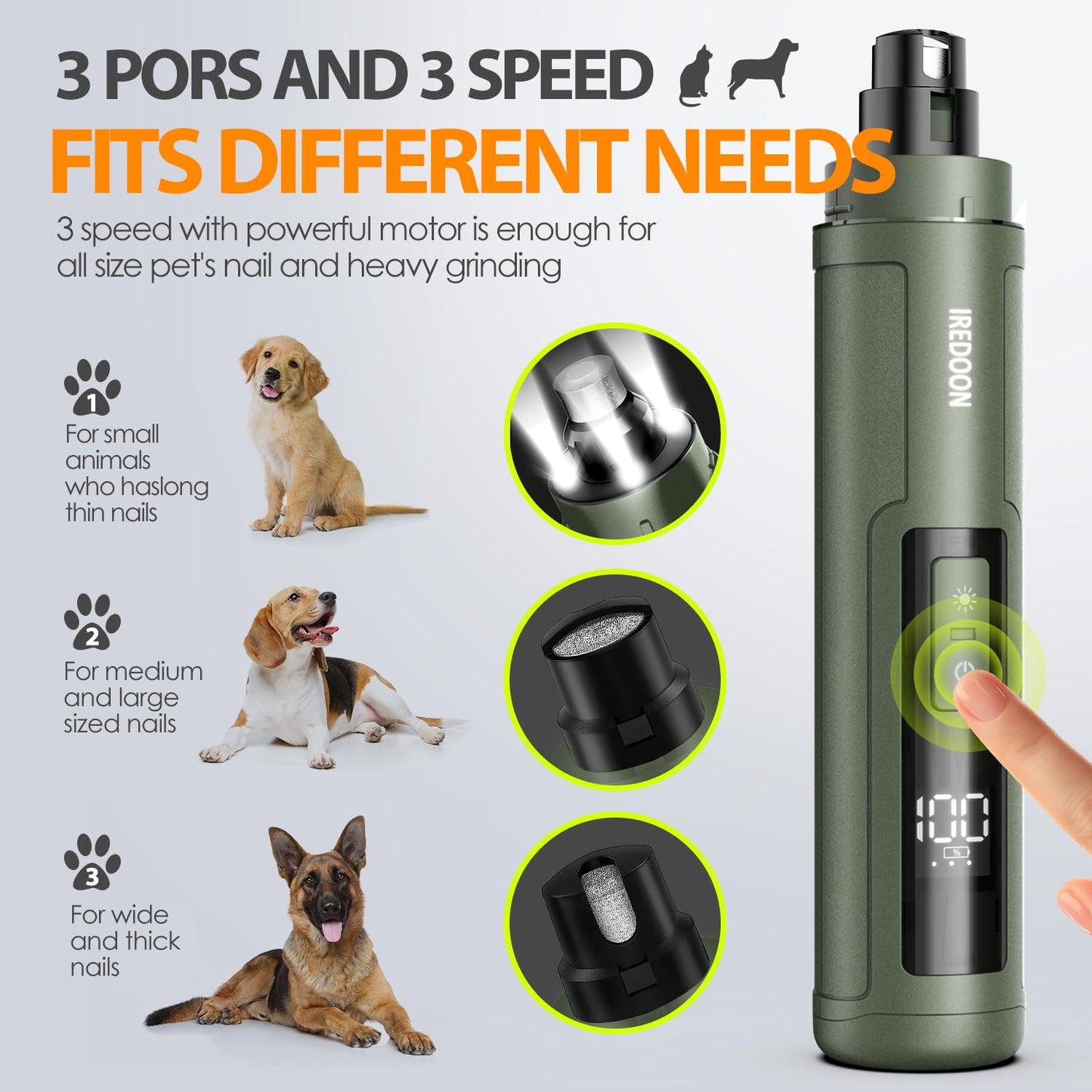IREDOON Dog Nail Grinder Upgraded 3-Speed Super Quiet Grinder
