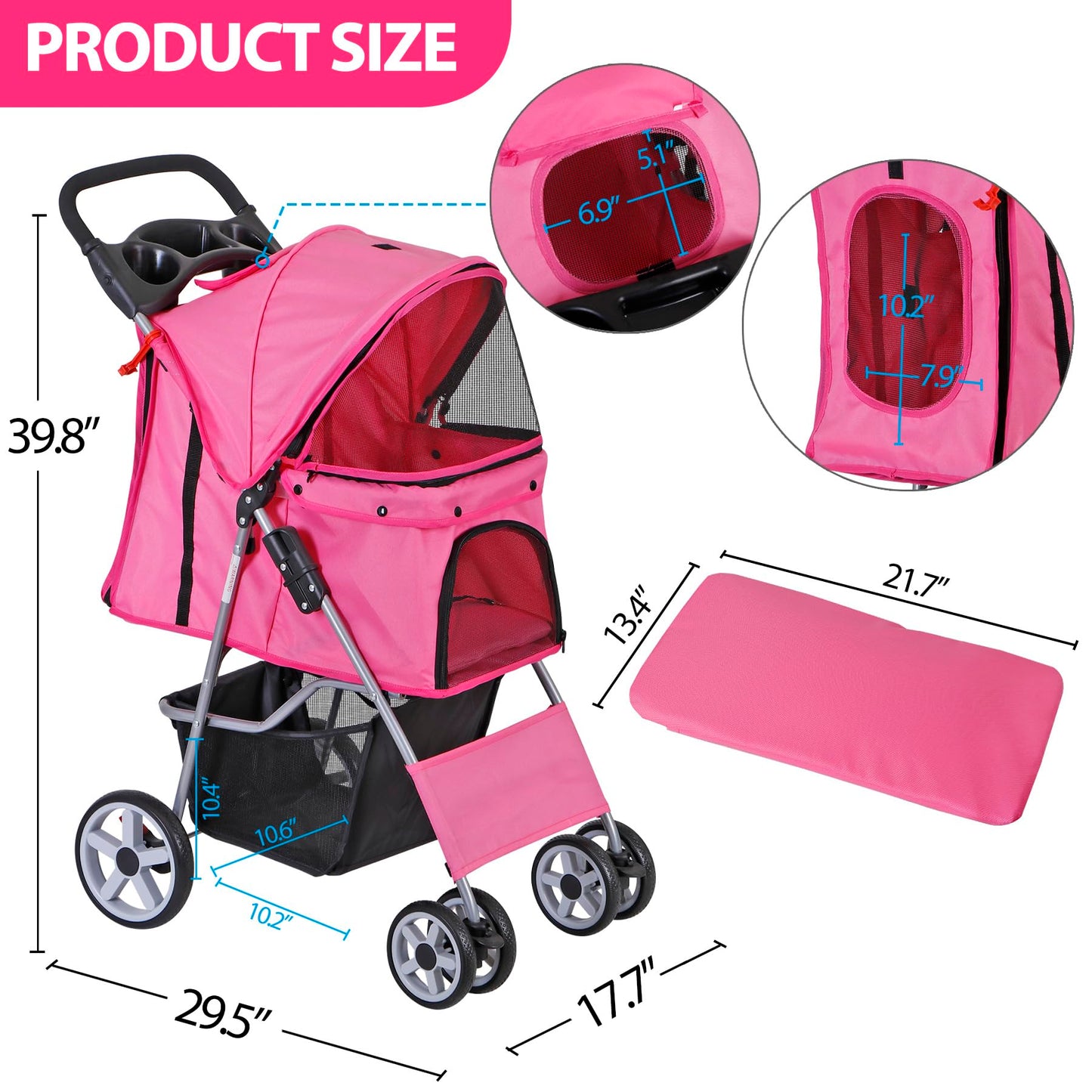 ZENY Foldable Pet Stroller, Cat/Dog Stroller with 4 Wheel, Pet Carrier