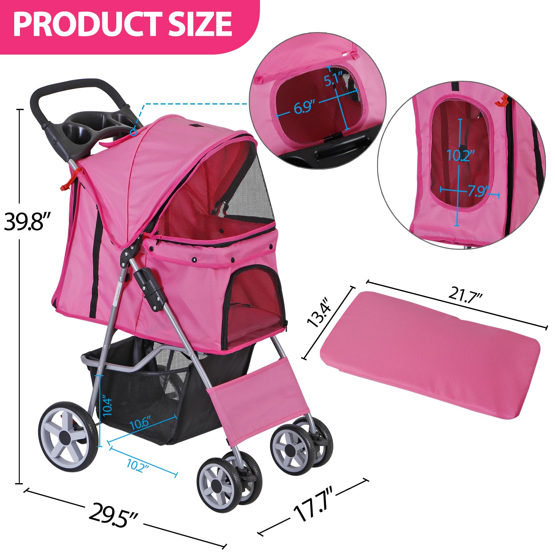 ZENY Foldable Pet Stroller, Cat/Dog Stroller with 4 Wheel, Pet Carrier