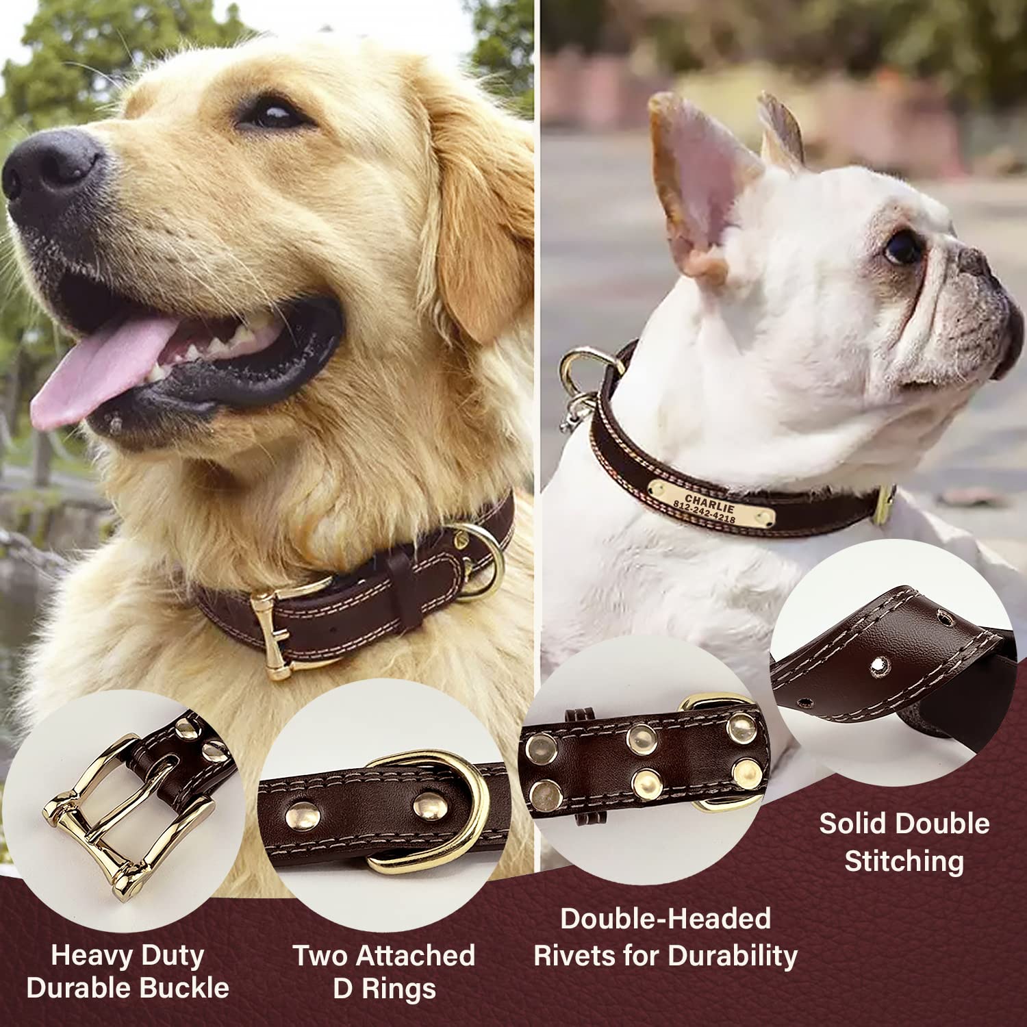 Personalized Custom Leather Dog Collar with Engravable Collar