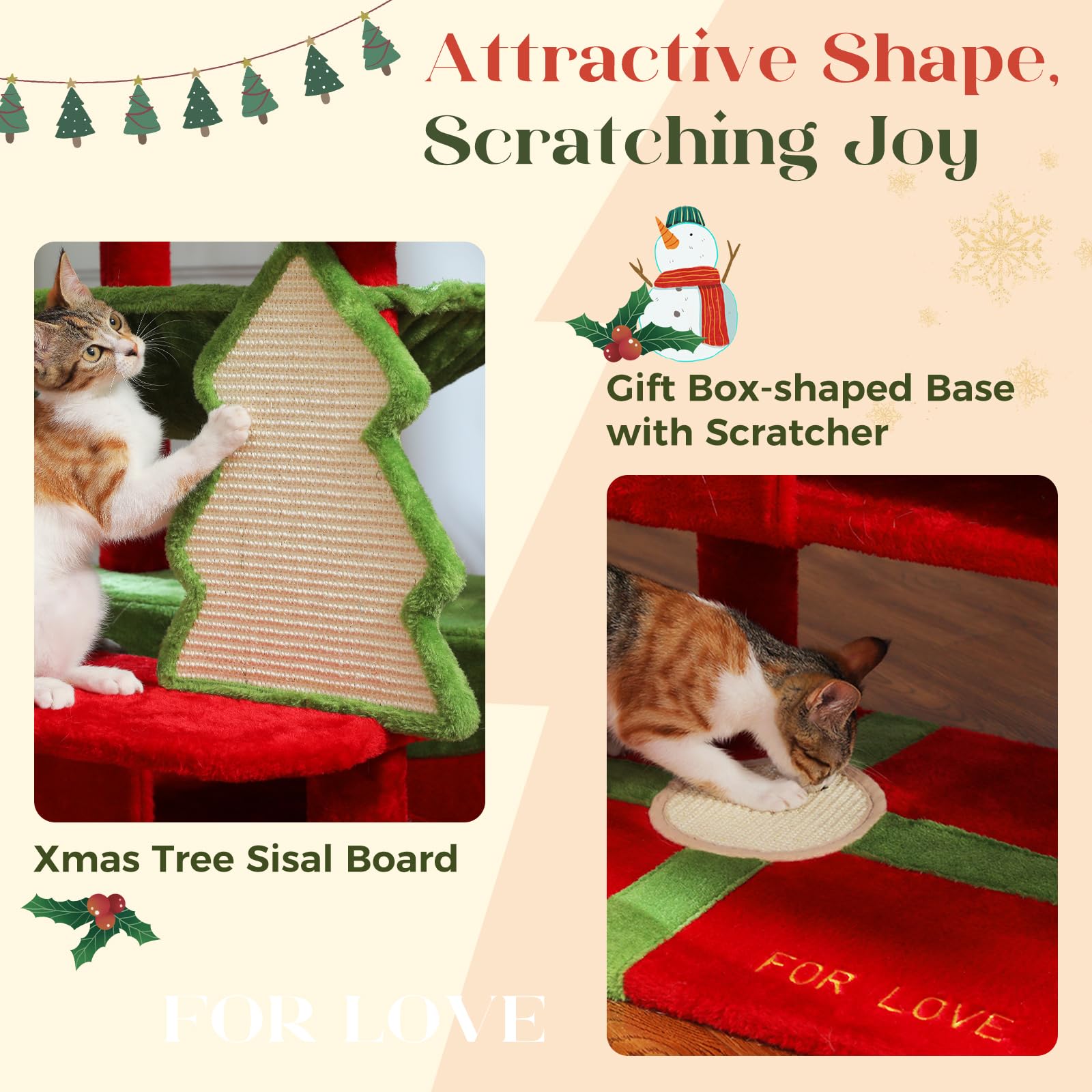 PAWZ Road Christmas Cat Tree, Tall Cat Tower with 2 Perches, 2 House