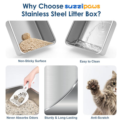 Suzzipaws Enclosed Stainless Steel Cat Litter Box with Lid Extra Tray