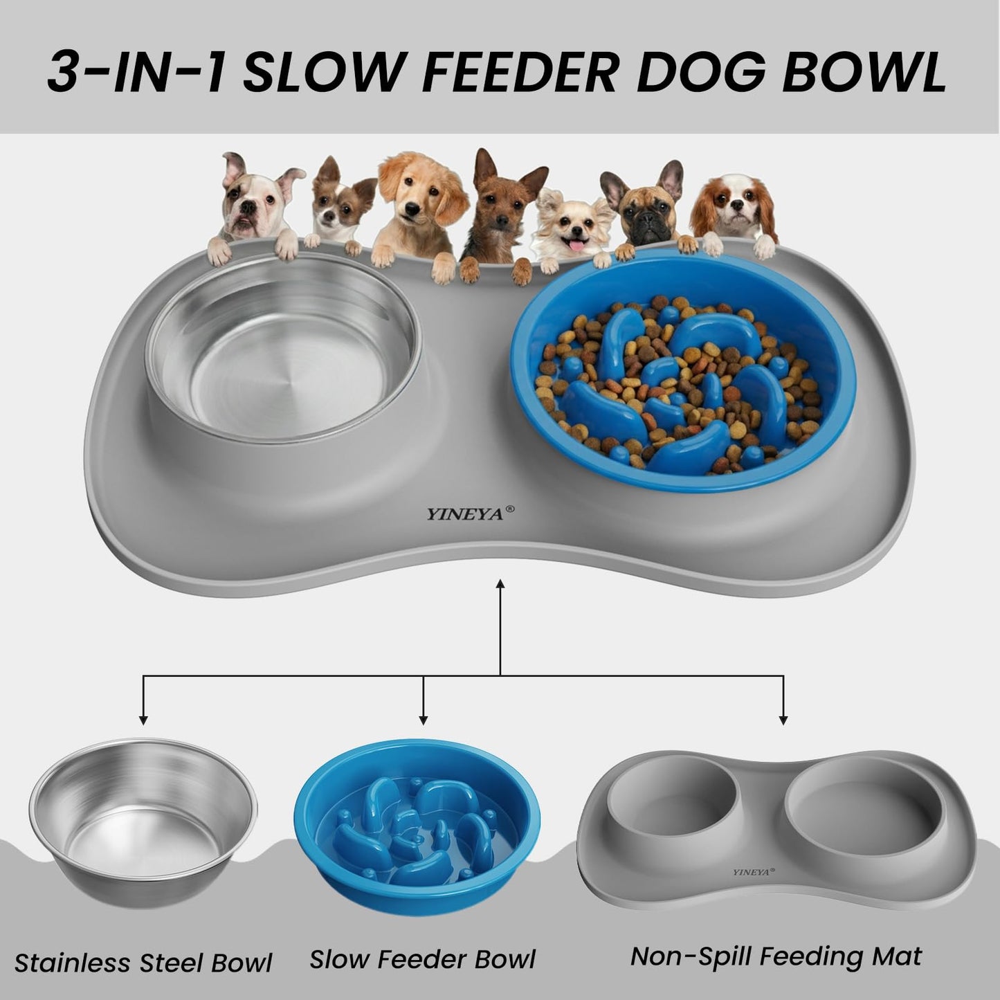 YINEYA Slow Feeder Dog Bowls Stainless Steel Food and Water Bowl Mat