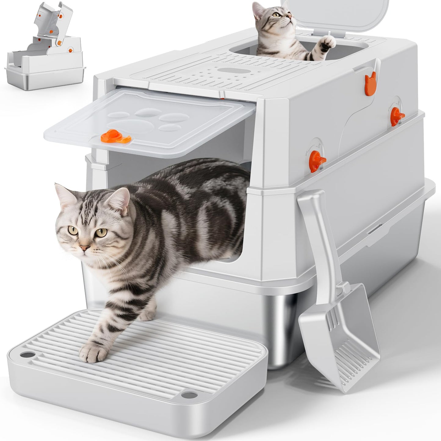 FURTIME Stainless Steel Litter Box with Lid, XL Extra Large Box
