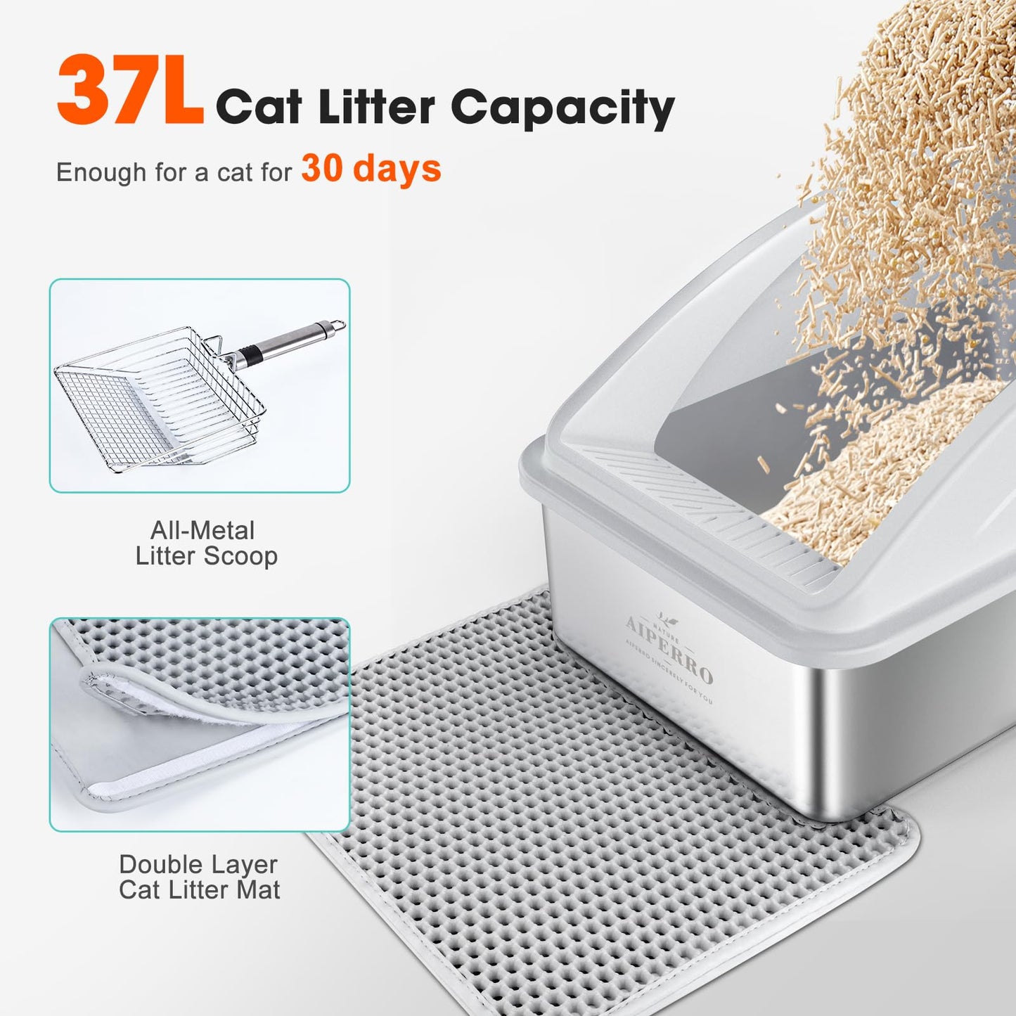 Stainless Steel Litter Box, XL Enclosed Cat Litter Boxes with Lid Mat